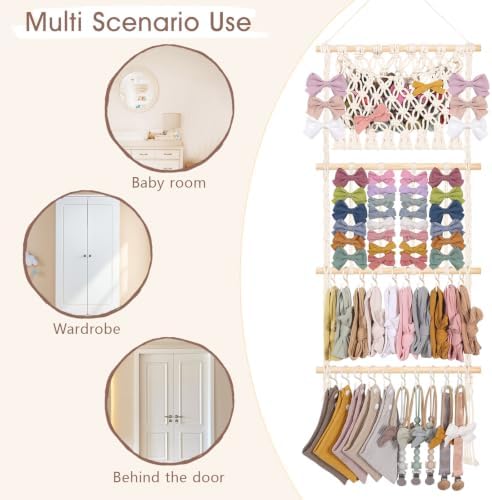 POVETIRE Headband Holder Hair Bow Organizer for Girls,Macrame Bow Holder Hair Accessories Organizer Storage Large Capacity Wall Hanging for Toddler Girl Nursery Room Decor - Image 4