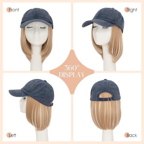 Rich Choices Hat Wigs for Women,Denim Blue Baseball Cap with Hair Extensions for Women,Short Bob Hairstyle Caps with Hair Attached Adjustable Baseball Cap Wig 6 Inch Highlighted Honey Blonde Hair - Image 4