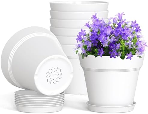 WSMKSZ 4 Inch Plastic Plant Pots with Drainage Holes and Trays – 8 Pack Small Nursery Pots for Indoor & Outdoor House Plants and Flowers, Seedling Starter Planters, White by WSMKSZ