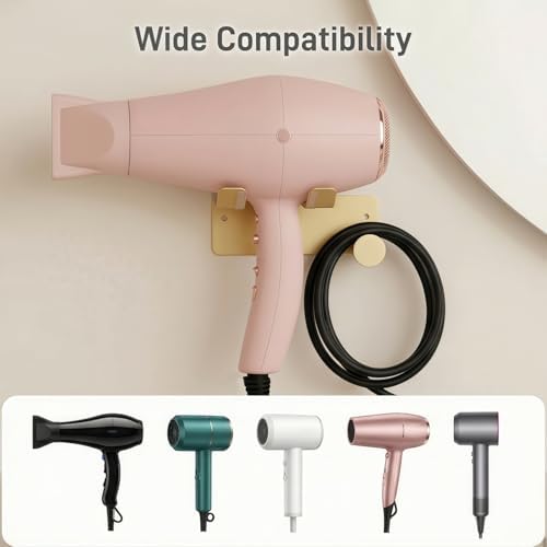 Hair Dryer Holder, Blow Dryer Holder with Cord Hook SUS304 Stainless Steel Wall Mount, Self Adhesive/Screw Space Saving Hairdryer Holder for Bathroom Gold - Image 2