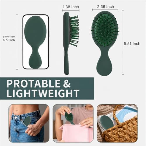 Mini Hair Bursh for Kids Women and Men, Protable Travel Size Hair Brush for Pockets Purse backpack, Mini Detangler Brush for All Hair Types, Small Hair Brush for Detangling(Green) - Image 2