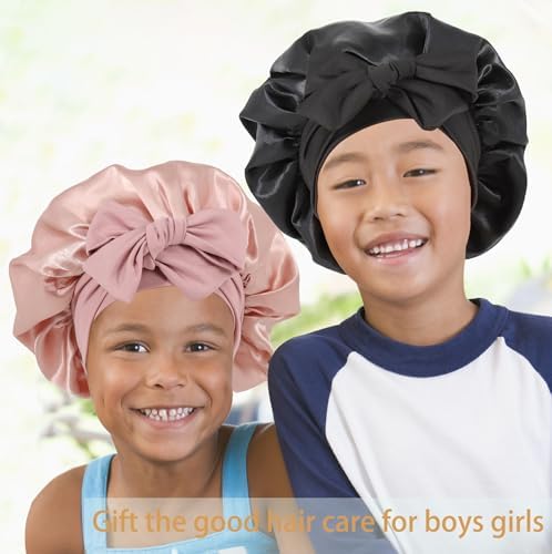 2 PCS Kids Bonnet for Girls Double Layer Silk Satin Bonnet Sleep Cap for Child Curly Natural Hair 3-12Y (pink&black) - Image 6