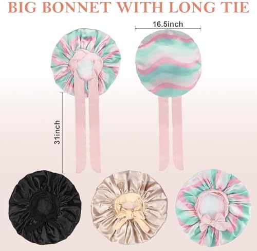 3Pcs Bonnets for Sleeping, Extra Satin Silk Bonnet for Sleeping Women with Tie Band for Curly Hair Jumbo Bonnet Braids - Image 6