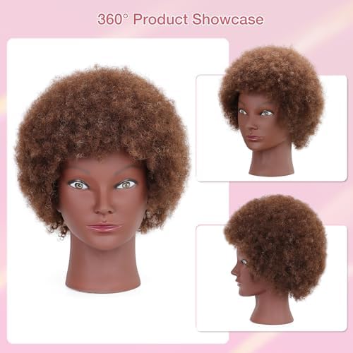 Afro Curly Mannequin Head with 100% Human Hair 10'' Cosmetology Manikin Doll Head for Hairdresser Braiding Practice Hairstyling with Free Clamp Holder-Brown - Image 4