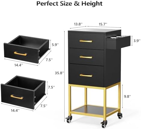 OmySalon Salon Trolley Cart with Wheels, Salon Station for Stylist, Hair Storage Cabinet with Dryer Holder & Drawer & Open Shelf, Barbershop Organizer Equipment, Black Gold - Image 7