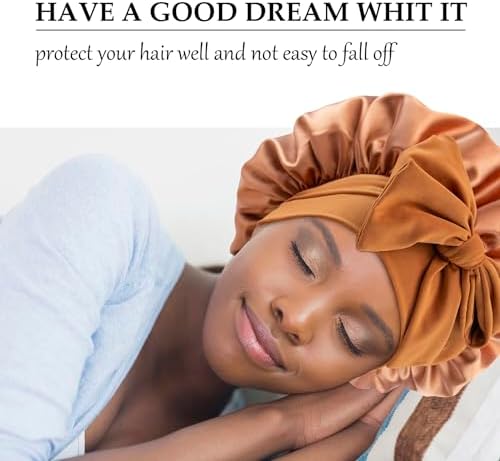 Satin Silk Hair Bonnet for Sleeping Large Bonnets with Tie Band Wrap with Adjustable Straps Night Sleep Caps for Women Curly Braid Hair Copper - Image 2