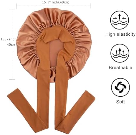 Satin Silk Hair Bonnet for Sleeping Large Bonnets with Tie Band Wrap with Adjustable Straps Night Sleep Caps for Women Curly Braid Hair Copper - Image 3