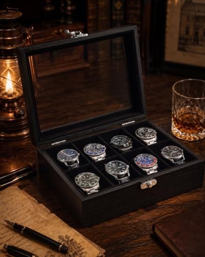 ProCase 8 Slot Wooden Watch Display Case With Glass Lid, Organizer - Image 2