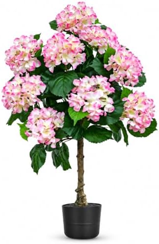 THKFUL 3.7FT Artificial Hydrangea Tree with Natural Trunk, Pink & White Faux Flowering Tree in Pot for Living Room, Entryway, Bedroom, Front Porch, Patio & Cottage Home Decor by THKFUL