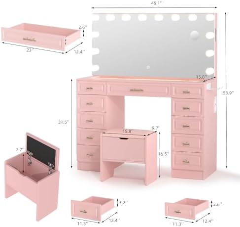 VOWNER Vanity with Lighted Mirror, Makeup Vanity Desk w/Bluetooth Speaker - Image 2