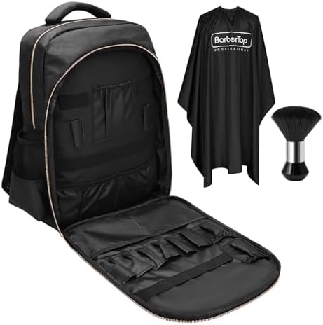 Barber Backpack for Men Women, Professional Barber Bag Case Organizer for Clippers and Supplies, Portable Cosmetology Hairstylist Travel Backpack with Barber Accessories Cape and Brush (Black) by WelcometoBarberTop
