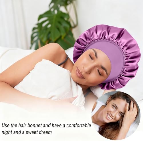 4Pcs Silk Satin Bonnets for Sleeping - Elastic Wide Band Wrap for Black Women Men,Silk Bonnets for Curly Hair,Large Hair Cap for Sleeping (Black+Purple+Blue+Green) - Image 6