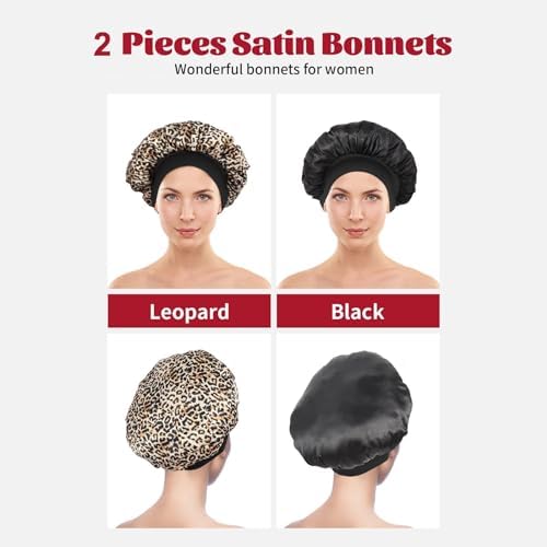ZHENSILK 2Pcs Satin Bonnet for Sleeping, Silk Hair Bonnets, Soft Elastic Band Silk Sleep Cap, Hair Wrap for Women(Black Leopard) - Image 6