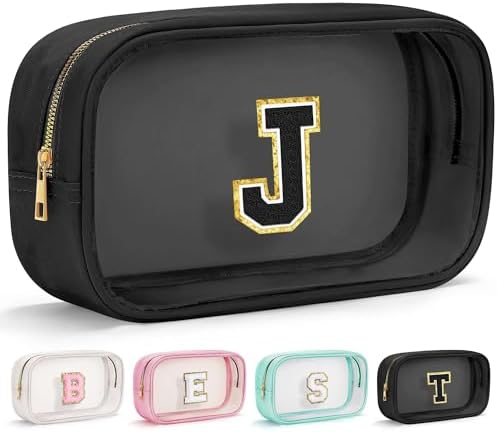 YOOLIFE Initial Travel Essentials Makeup Bag, Skin Care Clear Toiletry Bag Pouch Cosmetic Bag Case Large Makeup Bag Personalized Birthday Gifts for Women Birthday Gifts for Her Wife Black J by YOOLIFE