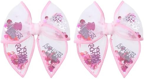 Birthday Hair Bows for Girls,2 Pcs 4" Glitter Pink Tulle Shaker Bows Alligator Clips with Happy Birthday Cake Confetti for Teens,Toddlers,Baby, Kids Party Dress Accessory Gift by Miroksh