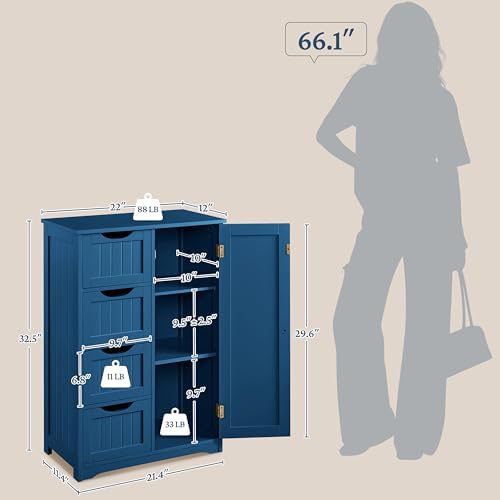 Yaheetech Small Bathroom Storage Cabinet with 4 Drawers & Door, Navy Blue - Image 3
