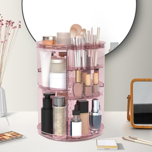 Rotating Makeup Organizer, DIY 8 Adjustable Layers Spinning Skincare Storage, Cosmetic Display Case with Brush Holder and Perfume Tray, Multi-Function Vanity Bathroom Countertop Organizer Clear Pink - Image 7