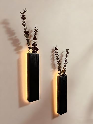 Artificial Eucalyptus with LED Lights Wall Planters Rustic Wall Decor with Lights Fake Vines for Home Decor Bedroom Living Room Bathroom Hanging Vase for Dried Flowers Faux Plants (Black) by Unknown