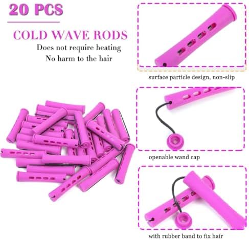 20pcs Perm Rods Set for Natural Hair Purple Plastic Cold Wave Rods Hair Curling Rollers with Steel Pintail Comb Rat Tail DIY Hairdressing Tools（20pcs Purple） - Image 3