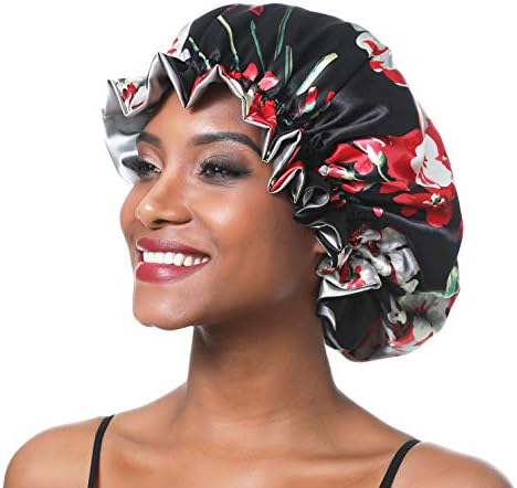 SENGTERM Women Adjustable Satin Bonnet Silky Sleep Cap Hair Bonnet Double Layered Reversible for Curly,Natural, Hair (XL-ADULT, XL Black Flower) by SENGTERM