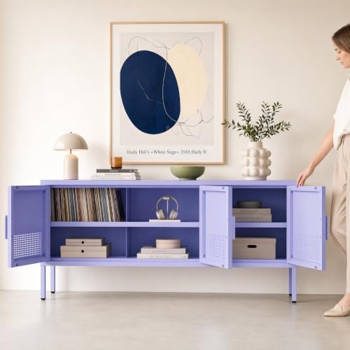 Metal TV Stand with 3 Ventilated Door, Short Steel Storage Cabinet with Adjustable Shelf, Low Airflow Steel Media Locker for Small Apartments Home Office Purple 22" H X 35.4" W X 13.8" D - Image 6