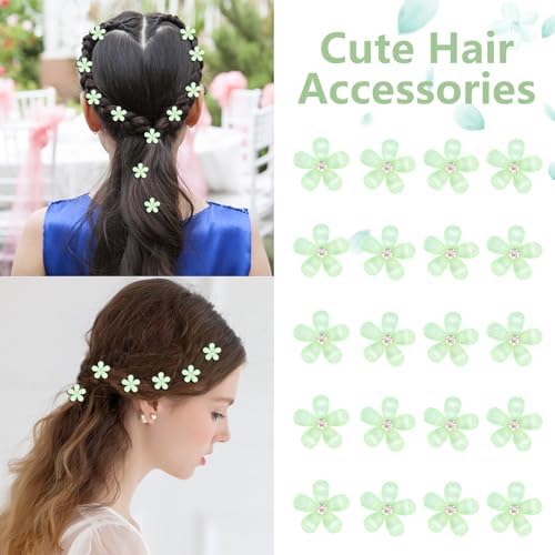 YISSION Mini Green Flower Hair Accessories with Rhinestone Cute Hair Pins, Wedding Bridal Decorative Barrettes for Girls Women - Image 3