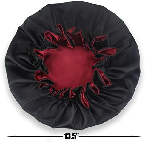 Women Large Satin Bonnet Adjustable Silky Sleep Cap Hair Bonnet Double Layered Reversible for Curly,Natural Hair (XL-Adult, XL Black-Red) - Image 2