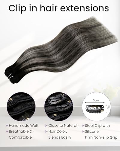 LaaVoo Human Hair Clip In Extensions, Silky Straight, 14 Inch - Image 3