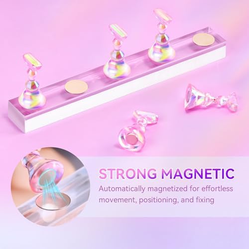 Makartt Press on Nails Stand: Clear and Pink Nail Holder for Painting Nails, Stands for Art Display Practice, Magnetic Clear Glitter Flower Fake Holders with Reusable Adhesive Putty for Home Salon DIY - Image 5