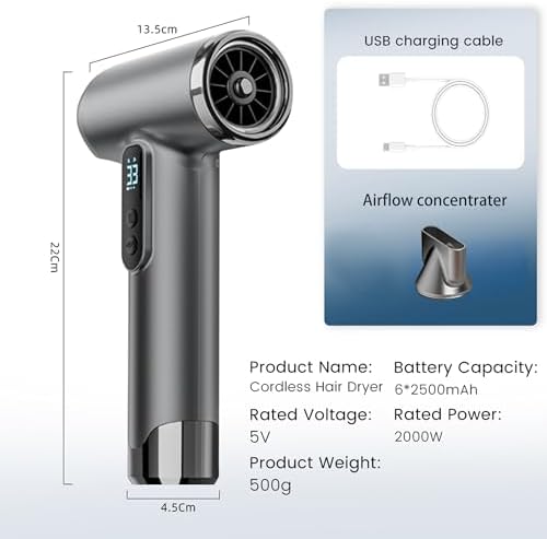 Cordless Rechargeable Hair Dryer, 15000mAh Battery Operated,USB Portable Blow Dryer，3 Adjustable Hot and Cold Air Settings, Used for Travel, Camping, and RV. - Image 7