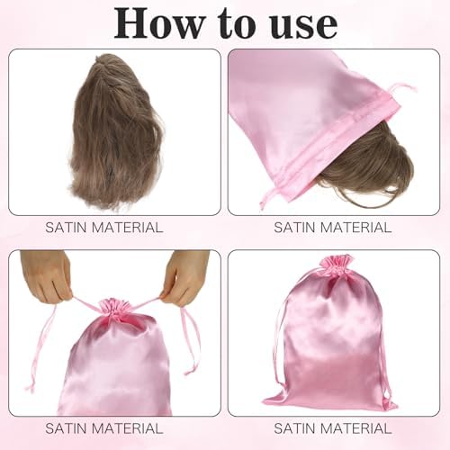 JIEYAO 6 Pieces Wig Bags with Satin Drawstring, Pink Silk Wig Storage Bags Storage for Wigs Extension Bundle(Pink) - Image 3