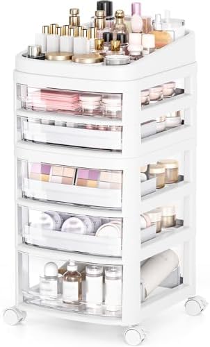 Rolling Cart with 5 Drawers, Clear Plastic Drawer Organizers, Vanity Cart by APEXCHASER