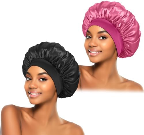 ZHENSILK 2Pcs Silk Bonnet for Sleeping, Satin Hair Bonnets, Soft Elastic Band Silk Sleep Cap, Hair Wrap for Women(Black Rose) by ZHENSILKFocusonhaircare