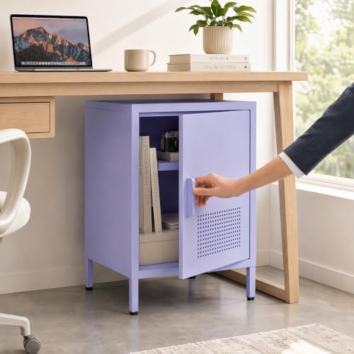 Purple Metal Freestanding Nightstand Cabinet, Ventilated Single Door End Table with Adjustable Shelf & 2-Tier Storage for Bedroom Living Room Entryway Office - Image 6