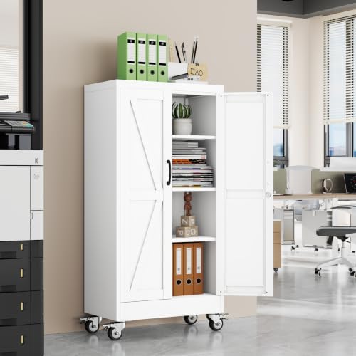 47" Metal Garage Storage Locker Cabinet with Wheels,Rolling White Lockable Tool Cabinet with 2 Doors and 3 Adjustable Shelves, Steel File Cabinet for Home Office Warehouse Gym - Image 2
