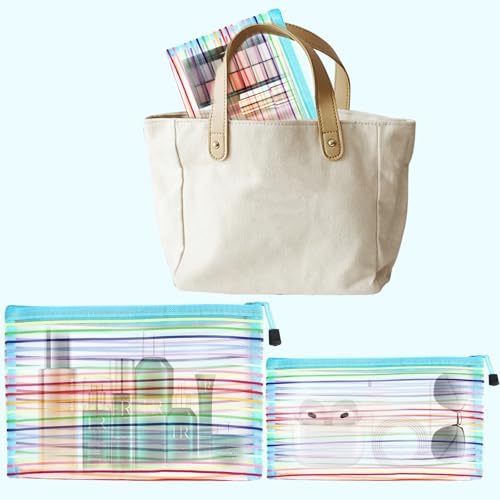 Mesh Bags with Zipper (6 Pack), Nylon Makeup Bag Cosmetic Pouches Travel Organizer Case for Purse Diaper Bag Home Organizing Striped Multi Size Blue - Image 3