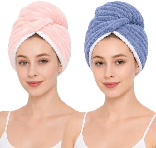 2 Pack Microfiber Hair Towel Wraps, Quick Dry Turbans, Pink & Blue by Unknown