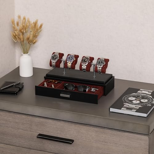 ROTHWELL Luxury Watch Display Case for 4 Watches – Leather Watch Box with Acrylic Cover and Removable Slide in Cushions – Accessory Drawer with Multiple Configurations (Black/Red) - Image 2