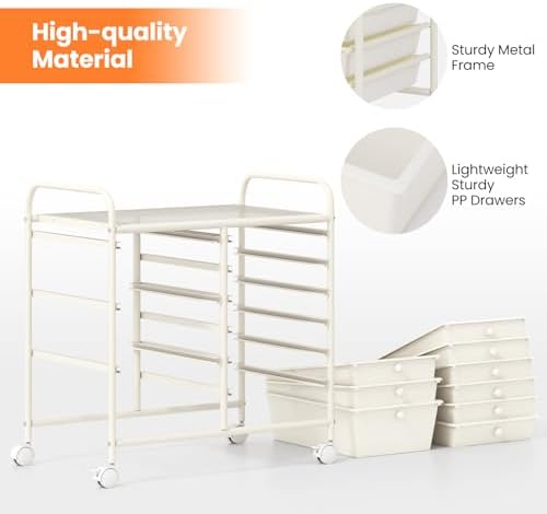 Giantex 9 Drawers Rolling Cart, Classroom Organizers, Storage Cart with Wheels, for Teacher Office Home School Supplies Tool Craft Art Paper, Ivory - Image 7