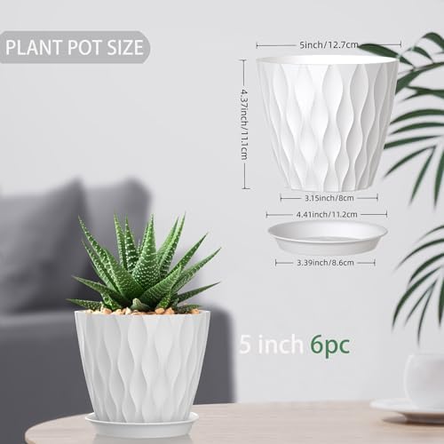 5 Inch Planter Pots, 6 Pack Indoor Planters, Small Flower Pots with Drainage Holes and Tray for Succulents, Orchids, Herbs and Other Indoor Plants (White, 5inch) - Image 3