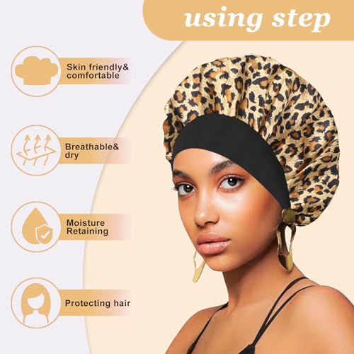 4PCS Silk Hair Bonnet for Sleeping,Hair Wrap Satin Bonnets Shower Cap for Black Women Men, Elastic Wide Band Hair Bonnet Cap for Sleeping Curly Hair(Black & Wine Red & Purple Print & Leopard Pattern) - Image 3