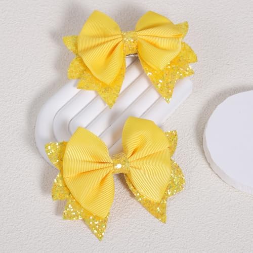 3.5 Inch Boutique Yellow Grosgrain Ribbon Hair Bows Alligator Clips Sparkling Sequins Cheer Hair Pins Barrettes for Girls Toddlers Babies Teens Summer Holiday Accessories in Pairs - Image 2