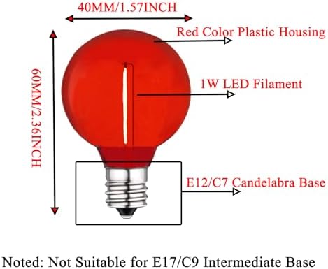 G40 Red LED Bulb 1W Replacement Light Bulbs Shatterproof Waterproof LED Outdoor String Lights Decorative Night Light E12/C7 Candelabra Base for Wedding Patio Garden Yard,15 Pack(Red) - Image 2