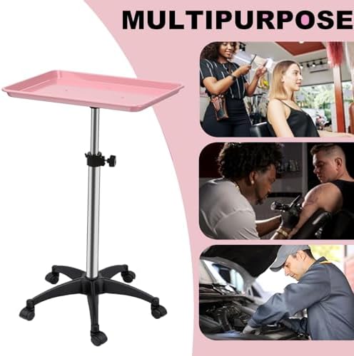 Salon Rolling Tray, Height Adjustable Tattoo Tray Rolling Cart, Storage Utility Trolley for Spa, Beauty Salon Service, Hairdresser Cart with Wheels, Black (Pink) - Image 2