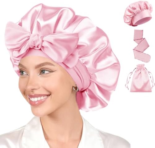 Womens Hair Bonnets Satin Bonnet for Sleeping Silk Bonnets Curly Hairs Braids Silky Sleep Caps with Long Soft Tie Band by WJingYiJia