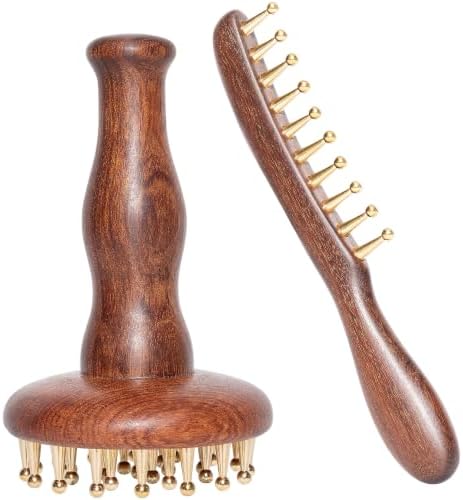 SIMPOR 2 in 1 Brass Copper Meridian Massage Tool Set, 29 Teeth Meridian Massage Brush & Wide Tooth Scalp Massage Comb, Sandalwood Handheld Massager for Head Neck Shoulder Abdomen Home SPA Self Care by SIMPOR