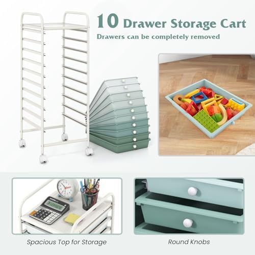 Giantex 10-Drawer Rolling Storage Cart w/Wheels, Handle, Removable Drawers, Mobile Organizer Storage Unit, Trolley Utility Cart for Home Kitchen Living Room Office Play Room, Green Gradient - Image 5