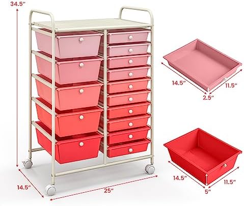 Giantex 15 Drawers Rolling Cart, Classroom Organizers, Storage Cart with Wheels, for Teacher Office Home School Supplies Tool Craft Art Paper - Image 3