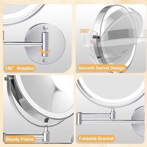 9 Inch Large Rechargeable Lighted Makeup Vanity Mirror Wall Mounted, 1X/10X Magnifying Mirror with Light for Bathroom 3000mAh USB Charging, Chrome Wall Mounted Mirror Swing Arm with 3 Light for Makeup - Image 2