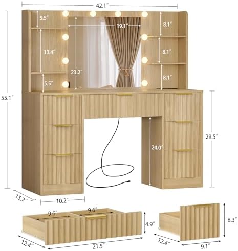 Quimoo Fluted Vanity Desk with Mirror and Adjustable LED Lights & Power Outlet, Makeup Vanity Desk with 7 Drawers,4 Shelves and 5 Hooks, Vanity for Girls, Natural Oak - Image 6